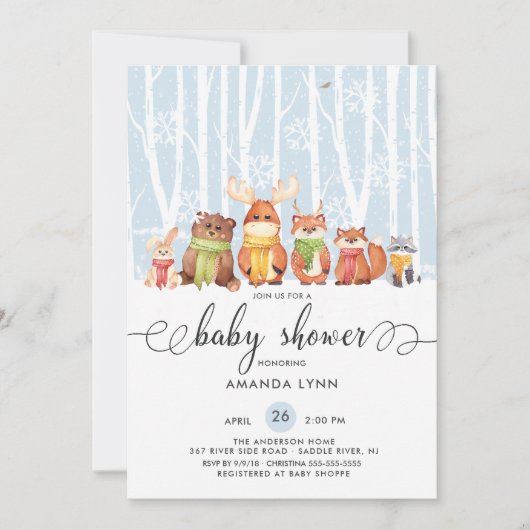 Invitation Froid Hiver Hiver Baby shower des animaux de bois (Devant)