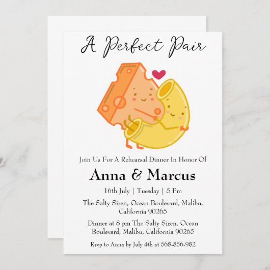 Invitation Fromage & Macaroni un dîner de mariée à la paire p (Devant / Derrière)