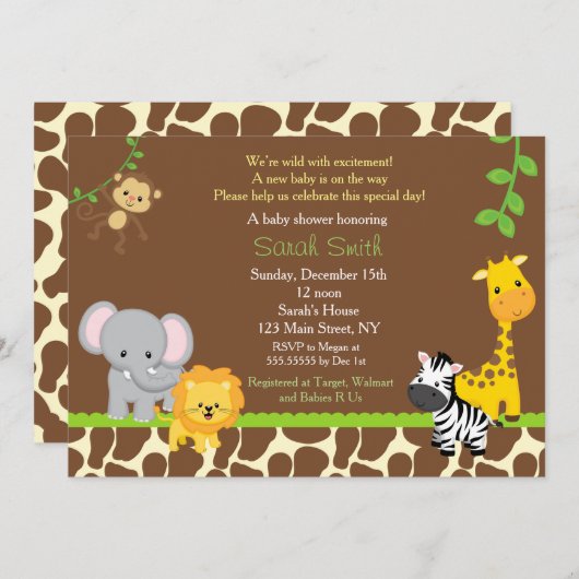 Invitation Front d'invitations de baby shower de jungle de (Devant / Derrière)