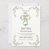 Invitation Frontale florale crème et beige Baptême (Devant)