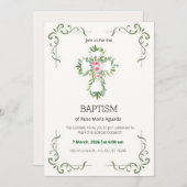 Invitation Frontale florale crème et beige Baptême (Devant / Derrière)