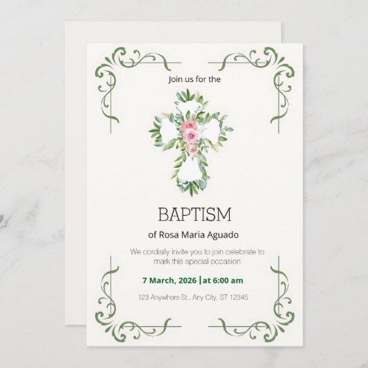 Invitation Frontale florale crème et beige Baptême (Devant / Derrière)