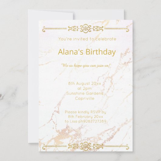 INVITATION FRONTIÈRE ÉLÉGANTE MODERNE EN MARBRE BLANC OR (Devant)