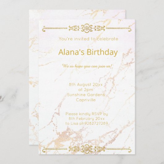 INVITATION FRONTIÈRE ÉLÉGANTE MODERNE EN MARBRE BLANC OR (Devant / Derrière)