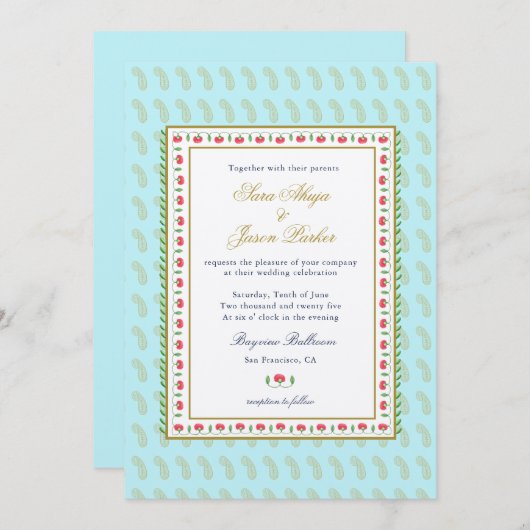 Invitation Frontière ethnique de fleurs Aqua mariage indien (Devant / Derrière)