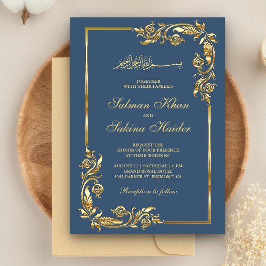 Invitation Frontière Florale bleue et or Mariage islamique