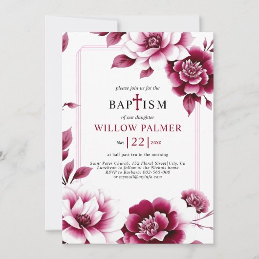 Invitation Frontière florale bordeaux, triple frontière fille (Devant)