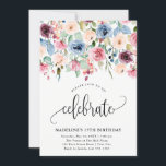 Invitation Frontière florale "Célébrer" N'importe quelle anné<br><div class="desc">Cette belle invitation comprend un design floral goutte aquarelle,  un titre de script de calligraphie et votre texte personnalisé. Utilisez le formulaire modèle pour ajouter vos informations. Modifiez la police ou ajoutez du texte à l'aide des menus d'édition avancés.</div>