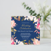 Invitation Frontière florale rose corail sur Mariage bleu mar (Debout devant)