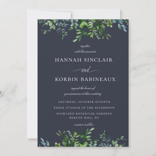 Invitation Frontière Forêt Rustique Mariage bleu Marine (Devant)