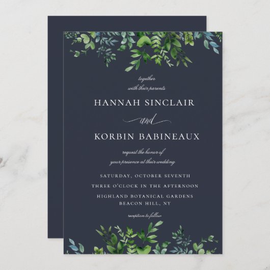Invitation Frontière Forêt Rustique Mariage bleu Marine (Devant / Derrière)