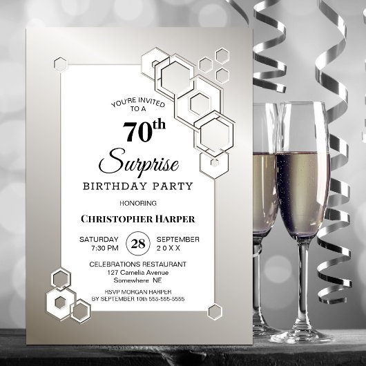 Invitation Frontière géométrique Argent Surprise 70e annivers
