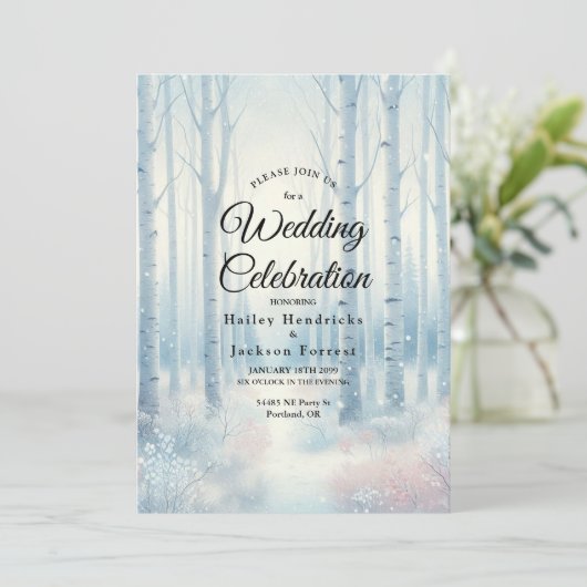 Invitation Frosted Blue Birch Forest Wedding (Debout devant)