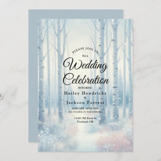 Invitation Frosted Blue Birch Forest Wedding (Devant / Derrière)