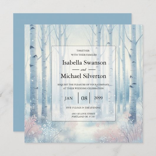 Invitation Frosted Blue Birch Forest Wedding (Devant / Derrière)