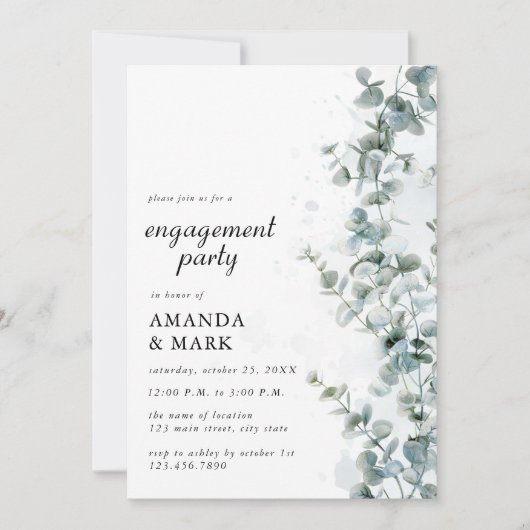 Invitation Frosted Blue Eucalyptus Winter Engagement Party (Devant)
