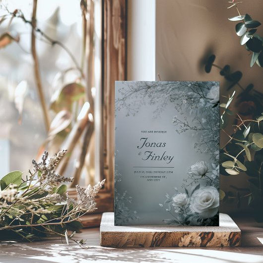 Invitation Frosty White Rose and Dusty Gray Winter Wedding