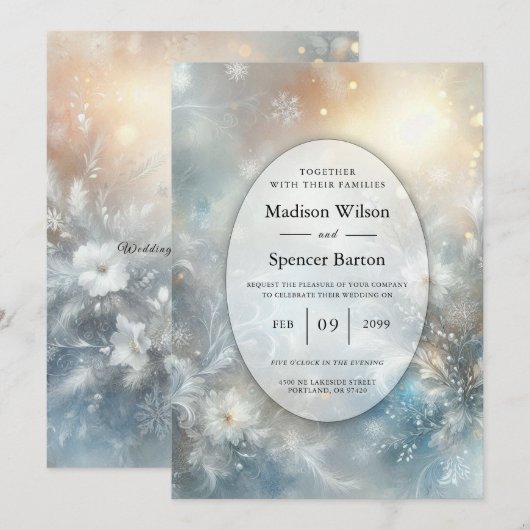 Invitation Frozen Petals in a Golden Winter Mist Wedding (Devant / Derrière)