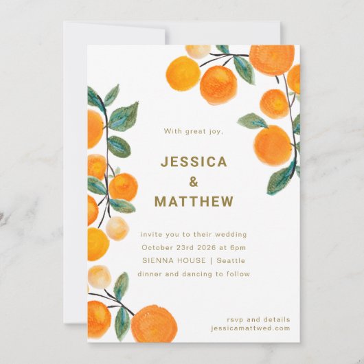 Invitation Fruit d'agrumes orange moderne Mariage simple (Devant)