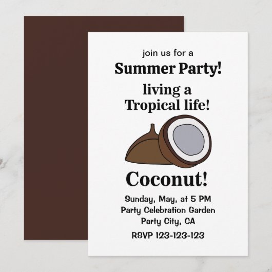 Invitation Fruit de coco Fête tropicale d'été (Devant / Derrière)