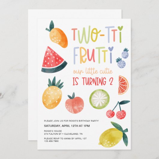 Invitation Fruits à deux tti Frutti fête du deuxième annivers (Devant / Derrière)