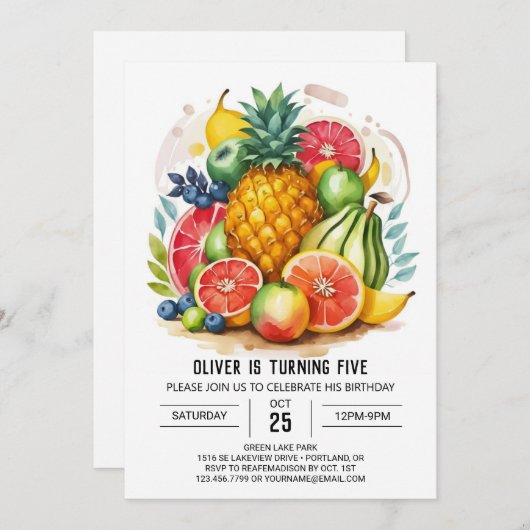 Invitation Fruits d'aquarelle colorée Anniversaire (Devant / Derrière)