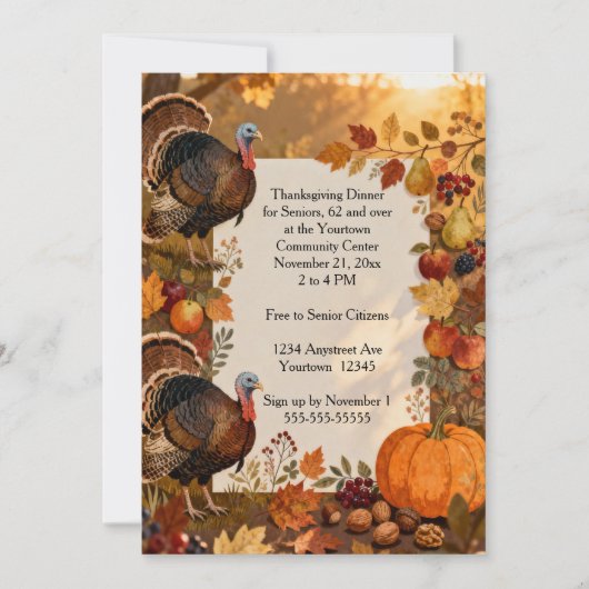 Invitation Fruits d'automne avec dindes Thanksgiving (Devant)