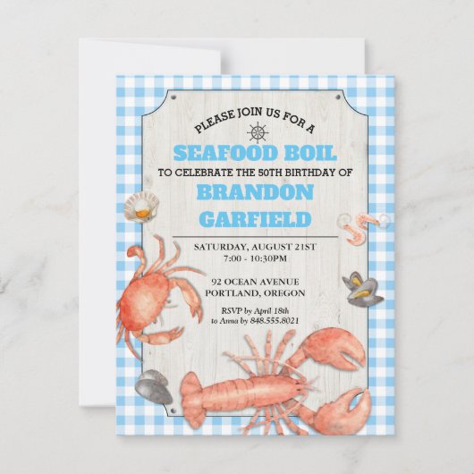 Invitation Fruits de mer Bouille En vichy bleu et bois (Devant)