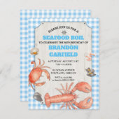 Invitation Fruits de mer Bouille En vichy bleu et bois (Devant / Derrière)