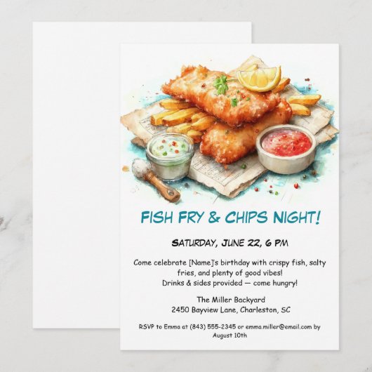 Invitation Fruits de mer décontractés - Poisson Fry & Chips A (Devant / Derrière)