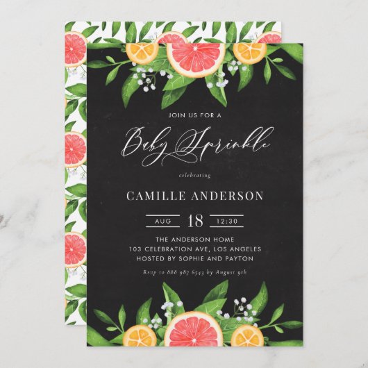 Invitation Fruits de raisin et Oranges Chalkboard Bébé saupou (Devant / Derrière)