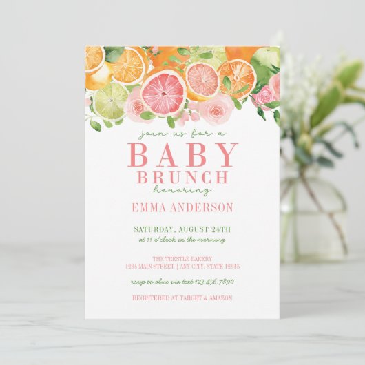 Invitation Fruits et fleurs d'agrumes Brunch pour bébé (Debout devant)