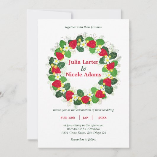 Invitation Fruits Fleurs Feuilles de Fraise Rouge Mariage (Devant)