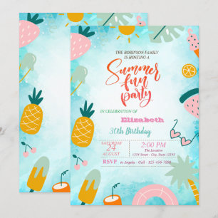 Invitation Fruits, Piscine Feuille de Palmier Fête d'annivers