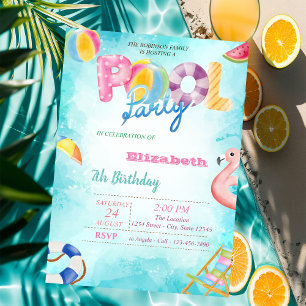 Invitation Fruits, Piscine Feuille de Palmier Fête d'annivers