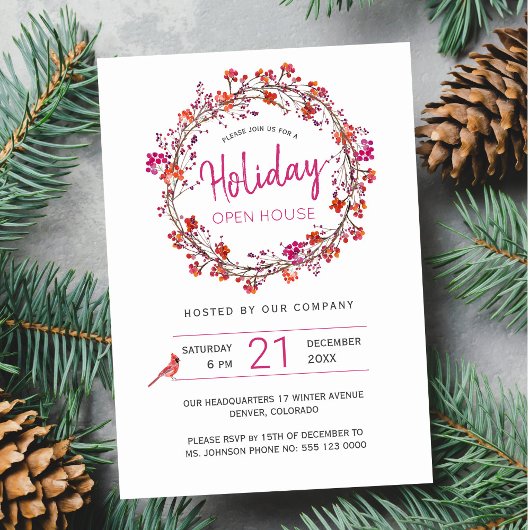Invitation Fruits rouges couronnes hiver Holiday Open House