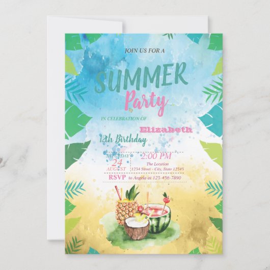 Invitation Fruits tropicaux, Palm Feuille fête d'été (Devant)