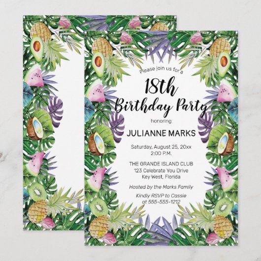 Invitation Fruits tropicaux Verdure Été 18e fête d'anniversai (Devant / Derrière)
