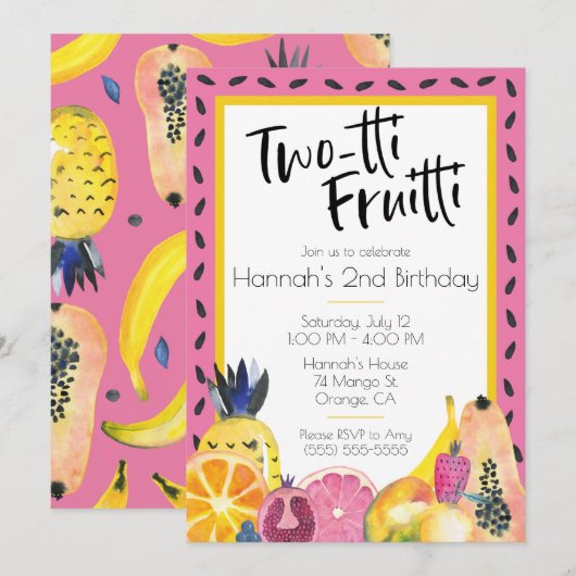 Invitation Fruitti à deux tti Thème de fruits tropicaux 2ème  (Devant / Derrière)