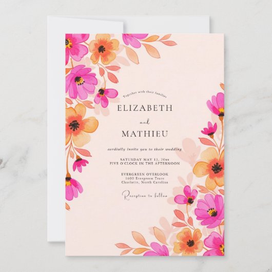Invitation Fuchsia Apricot Radiant Watercolor Wedding (Devant)