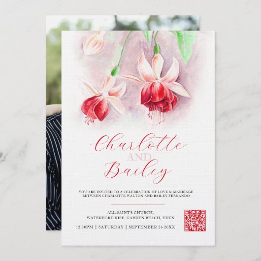 Invitation Fuchsia aquarelle rouge rose art mariage photo (Devant / Derrière)