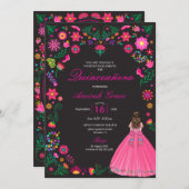 Invitation Fuchsia & Black Broidery Quinceañera (Devant / Derrière)