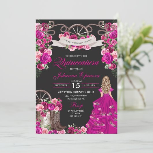 Invitation Fuchsia & Black Cowgirl Western Charro Quinceanera (Debout devant)