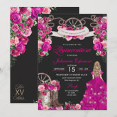 Invitation Fuchsia & Black Cowgirl Western Charro Quinceanera (Devant / Derrière)