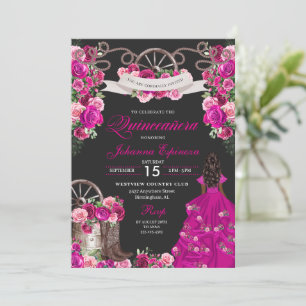 Invitation Fuchsia & Black Cowgirl Western Charro Quinceanera