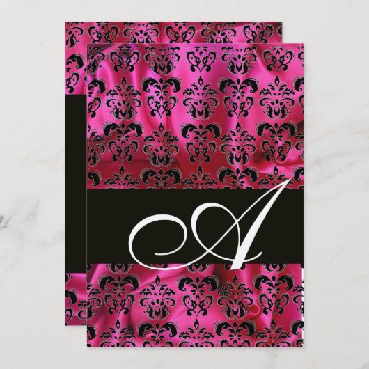 Invitation FUCHSIA BLACK SILK DAMASK CLOS MONOGRAM, Or (Devant / Derrière)
