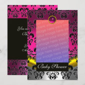 INVITATION FUCHSIA BLANC DAMASÉ BABY SHOWER MONOGRAMME ROSE (Devant / Derrière)