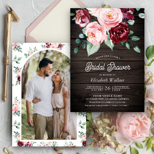 Invitation Fuchsia Bourgogne Fleur Photographie Bois Réceptio