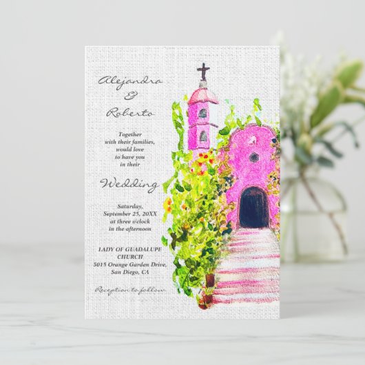 Invitation Fuchsia Chapelle mexicaine avec Mariage Floral Vin (Debout devant)