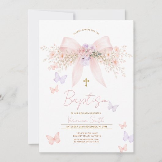 Invitation Fuchsia Coquette Florale Baptême (Devant)